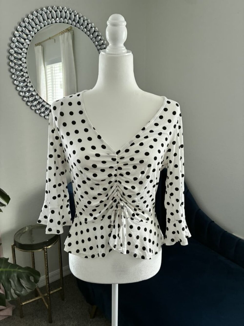 Venus Polka Dot Ruched Flutter Sleeve Top M